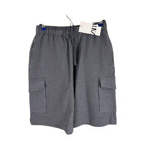 Zara Shorts Women M Blue Pull On Drawstring Neutral Summer Beach Travel Check